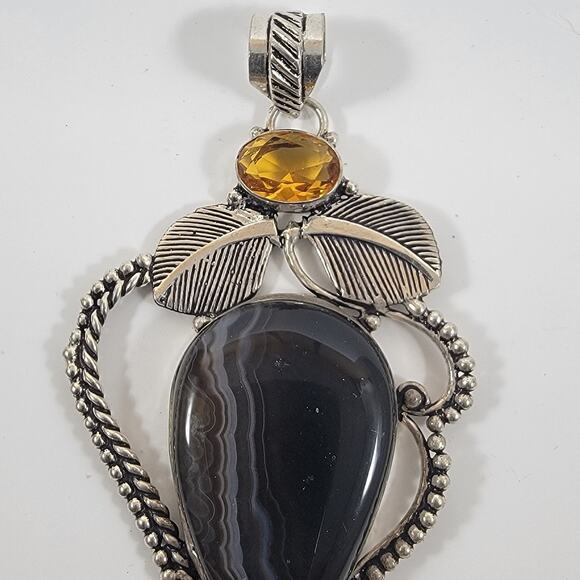 Handmade Silver Pendant with Black Banded Agate & Citrine in Leaf Motif Setting - Picture 9 of 9